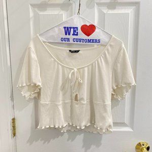 SHEIN Lettuce Trim Cut Out Knot Front Rib-knit White Top 3XL